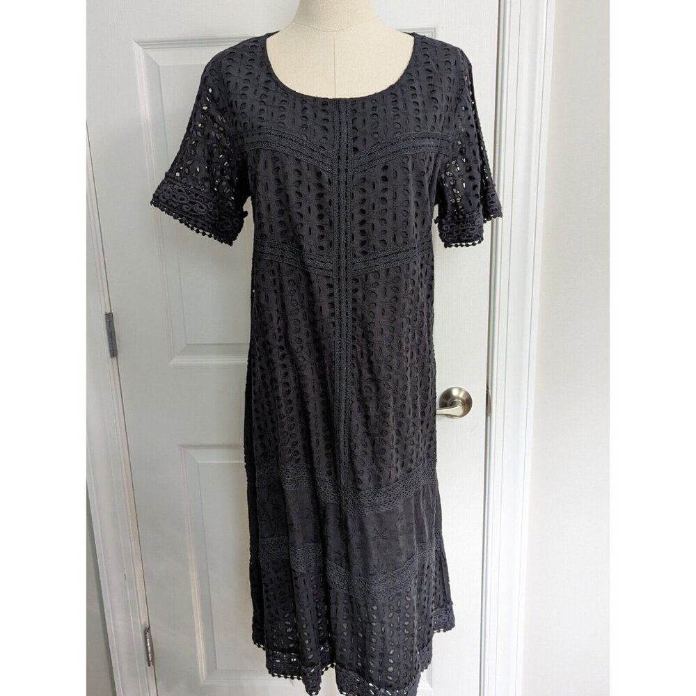Sundance Dark Grey Eyelet Embroidered Short Sleeve Shift Dress Size 14